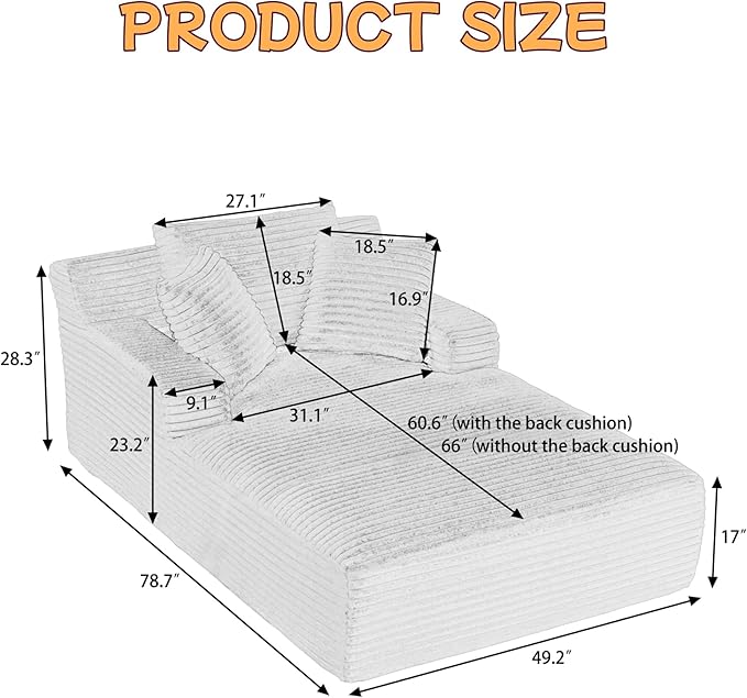 78.7” Chaise Lounge Chair Indoor, Corduroy Upholstered Boneless Sofa Bed with Throw Pillows, Comfy Lounge Sleeper Sofa with Deap Seat for Living Room Bedroom, No Assembly Required, Black