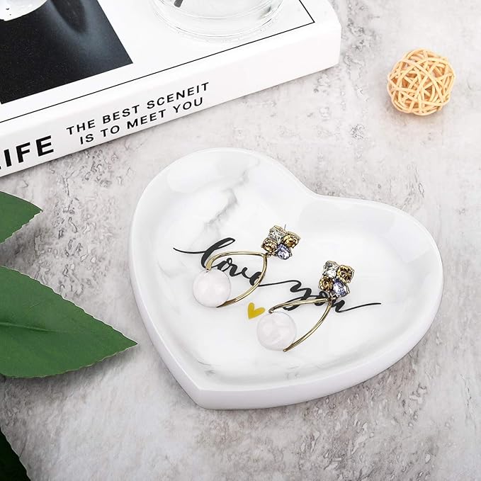Jewelry Tray Dish, Heart Shaped Ring Dish Decorative Trinket Plate with Words - Love You Romantic Gifts for Her Mom Daughter Sister Best Friend, White Marble