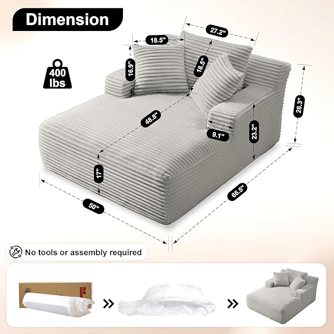 Boneless Couch Sofa Chiar Chaise Lounge Chair Indoor Upholstered Corduroy Couch Cloud Sleeper Sofa Oversized Reading Chair for Living Room No Assembly Required (Light Grey, 50" W x 67" D)