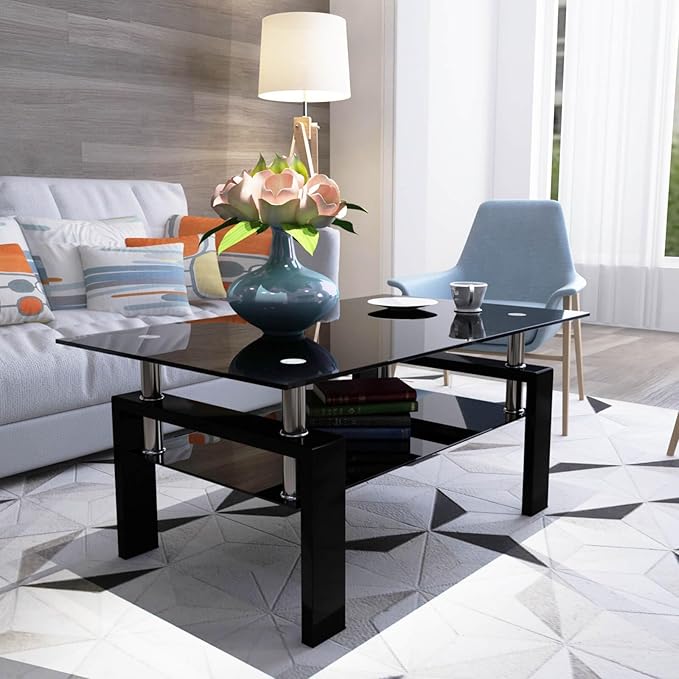 Tempered Glass Coffee Table for Living Room Furniture (All Black)