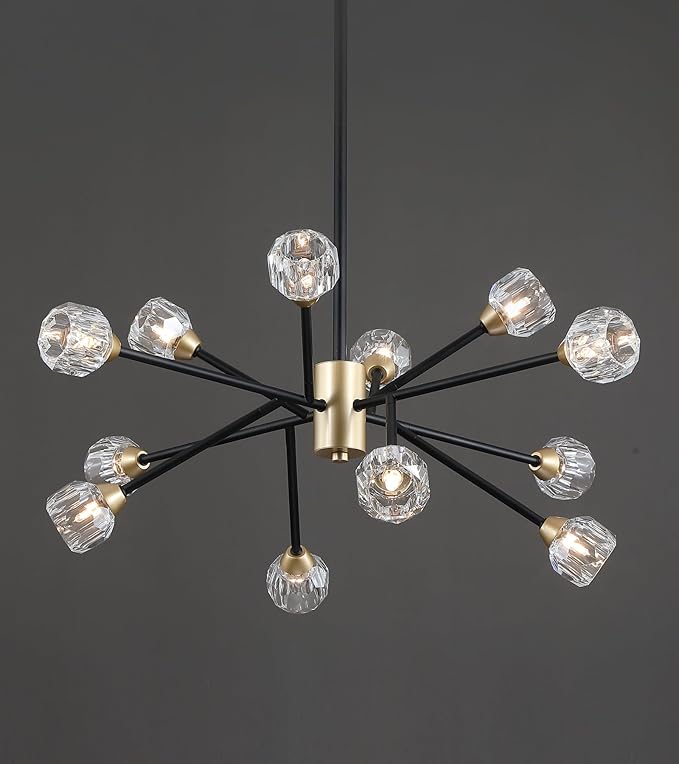 AMZASA Crystal Chandeliers, Modern Black and Gold Sputnik Pendant Lighting, 12 Lights Mid Century Ceiling Light Fixtures for Dining Room Kitchen Island Living Room Bedroom Bar,UL
