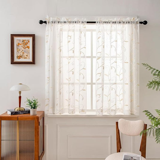 VISIONTEX Sheer Voile Curtains, Decorative Beige Leaves Embroidery Faux Linen Rod Pocket Window Drapes for Home Kitchen, Living Room and Bedroom 54 x 54 Inch, Set of 2 Curtain Panels