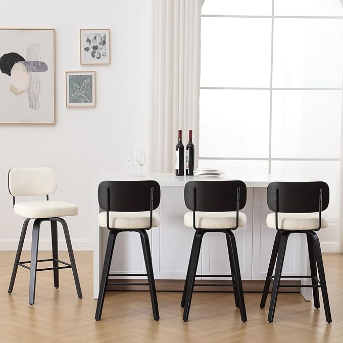 Swivel Counter Height Bar Stools Set of 4, Upholstered Faux Leather Barstools with Back, 26" Seat Height Bar Chairs Island Stools for Kitchen Counter, Black Wood Frame, Cream White