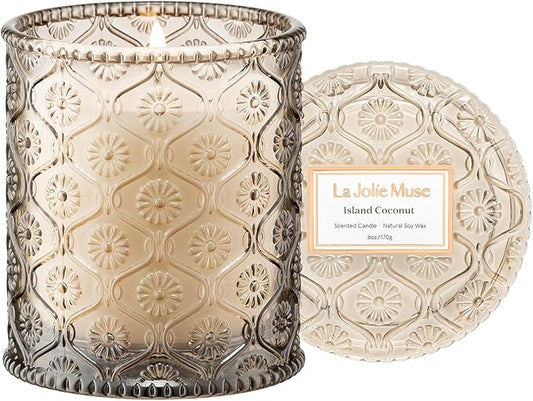 LA JOLIE MUSE Island Coconut Scented Candle – Coconut, Peach & Vanilla | 6oz Luxury Soy Candle | 40 Hours Clean Burn| Gift-Ready for Hosts & Gatherings | Elegant Home Décor