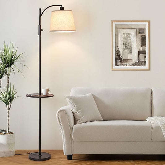 AIDENOEY Fully Dimmable Floor Lamp for Living Room，Standing Lamp Rotary Switch with Table&Linen Beige Shade，Black Tall Lamps for Bedroom with Adjust Head，9W LED Bulb Included