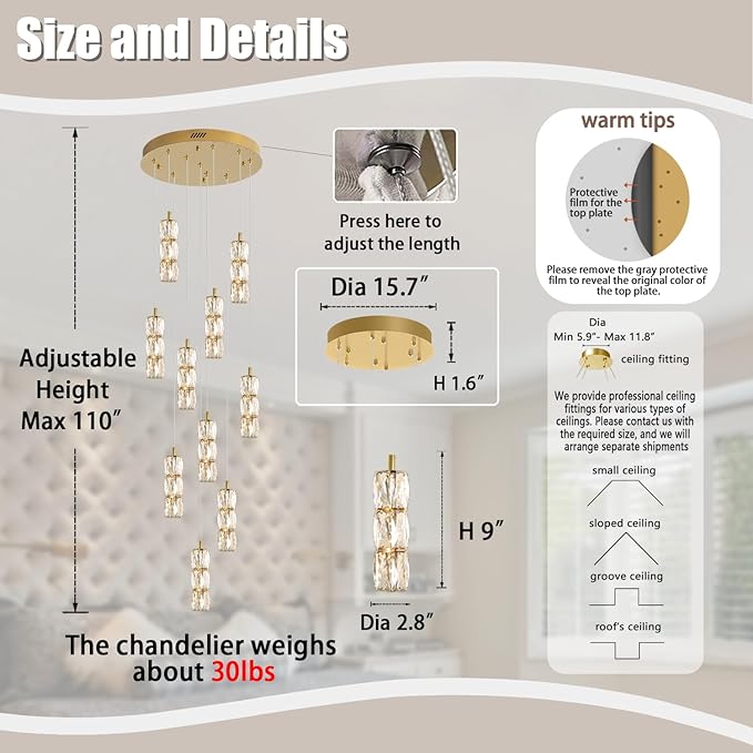 Large Chandeliers for Living Room Modern Crystal Gold Chandeliers Spiral Staircase Pendant Light High Ceiling Lamp Fixture for Foyer Entrance Dimmable 2700-6000K