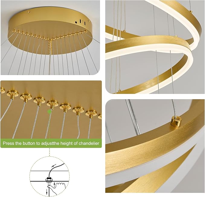 9 Rings Modern LED Chandelier Gold Dimmable Large Foyer Chandeliers Entryway High Ceiling for Staircase, High Ceiling Pendant Lights for Entryway Living Room, 3000K-6500K CCT