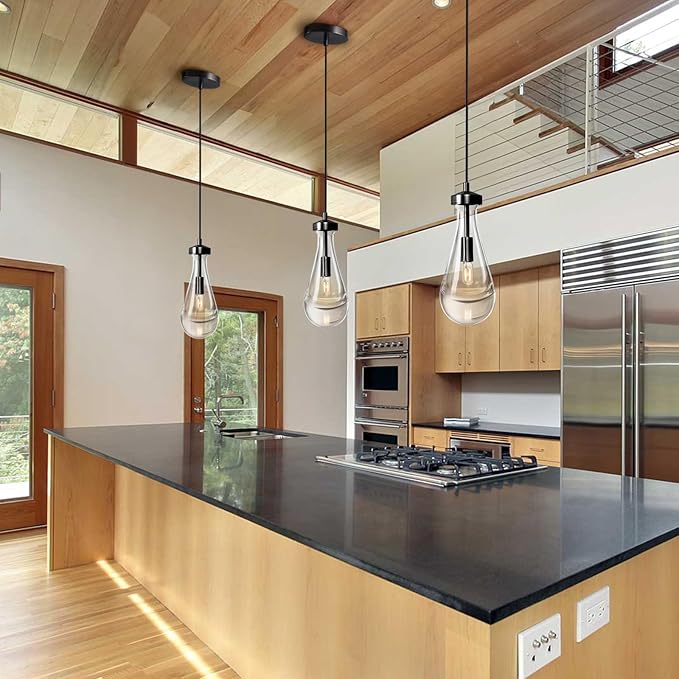 Modern Raindrop Pendant Lights Set of 3, Pendant Lights Kitchen Island 3 Pack, Matte Black Pendant Lights for Bedroom Bathroom, Chandelier for Living Room Hallway, Bulb Included