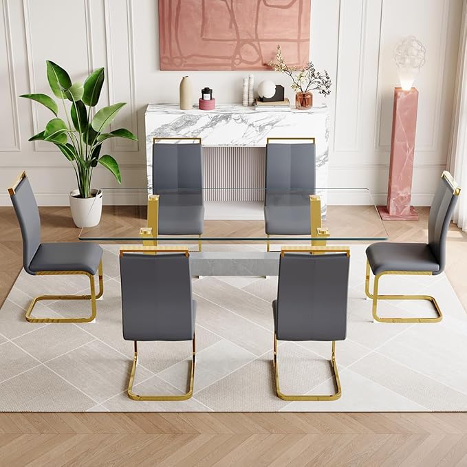 7 Piece Glass Dining Table Set, Kitchen Table Chairs Set for 6, 71'' Dining Table with 0.4" Tempered Glass Tabletop with Plated Metal Legs and MDF Crossbar, 6 PU Chairs for Dining Room, Kitchen.