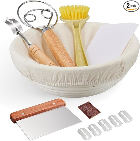 Banneton Bread Proofing Basket Banneton Basket Set Sourdough Proofing Basket Round Proofing Bowls Handmade Rattan Baskets and Liners (Round 9 inch Baking Set)
