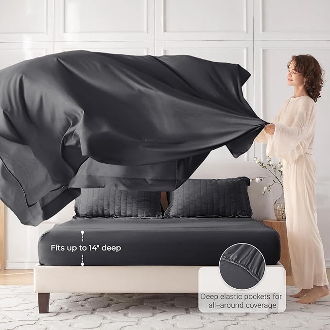 MUXHOMO 5 Pieces Twin XL Comforter Set, Seersucker Bed in a Bag Twin XL Size, All Season Luxury Bedding Set with Comforter, Flat Sheet, Fitted Sheet, Pillowcase & Sham, Dark Grey