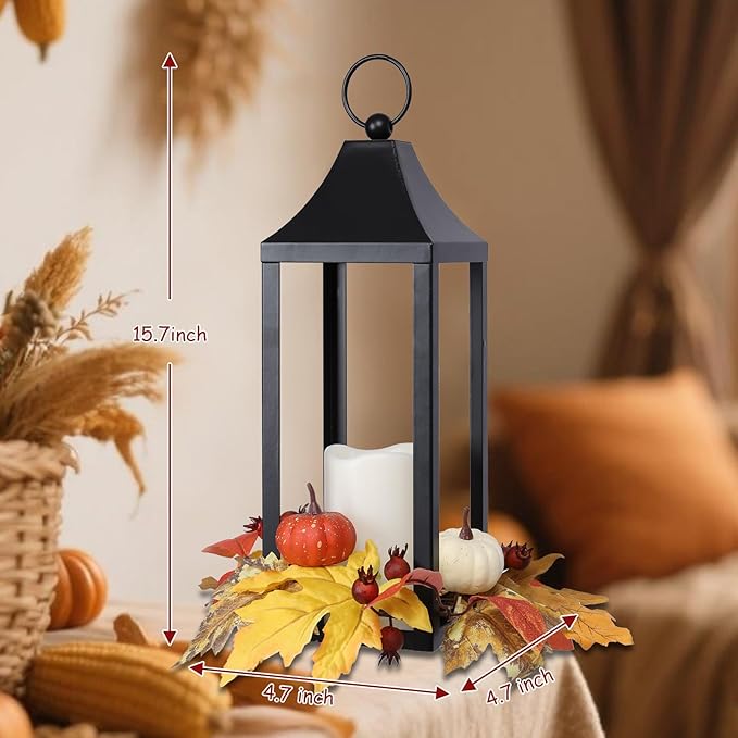 Bdor 2 Pack Fall Lantern Decor with LED Candle – 15.7 Inch Harvest Pumpkin Maple Leaf Hanging Lantern for Autumn Thanksgiving Table Centerpiece Indoor Outdoor Decoration, Battery Operated