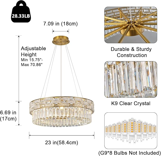 Crystal Chandeliers, 23" 8-Light Round Chandelier for Living Room, Modern Chandelier for Bedroom, Foyer Chandeliers for Entryway, Dining Room Lighting Fixture Hanging Lights