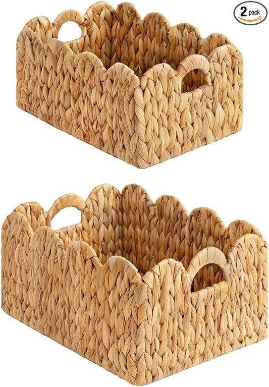 StorageWorks Scalloped Edge Wicker Basket, Hand-woven Rattan Baskets with Built-in Handles, Water Hyacinth Basket for Organizing and Decor, 2 Pack