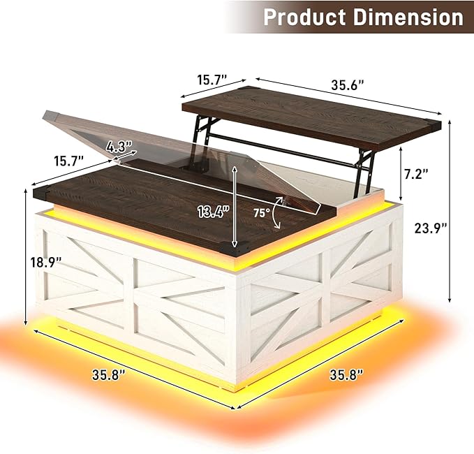 36" Farmhouse LED Lift Top Coffee Table with Storage and Power Outlets, Square Wood Living Room Tables with 2 LED Lights& Large Hidden Space, Lift Wooden Barn Door Center Table, Rustic White