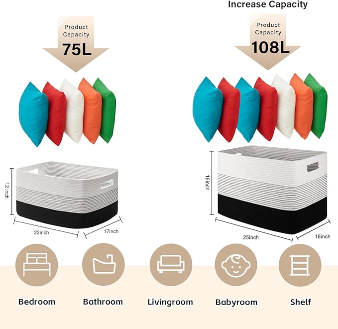 OIAHOMY Large Blanket Basket, 22”x17”x12” Rectangle Woven Baskets, Nursery Blanket Storage Living Room, Toy Storage With Handle, Large Baskets for Organizing-Gradient Black