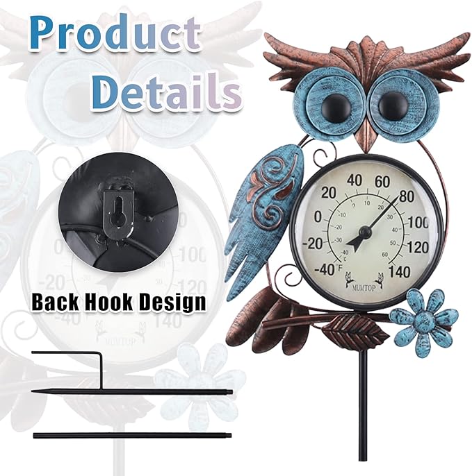MUMTOP Outdoor Thermometer, 42 Inch Metal Owl Garden Stake Outside Wall Thermometer for Patio, Yard and Garden