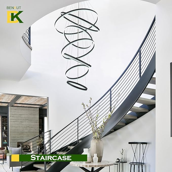 7 Rings Modern LED Chandelier Black Dimmable Large Foyer Chandeliers Entryway High Ceiling for Staircase, High Ceiling Pendant Lights for Entryway Living Room, 3000K-6500K CCT