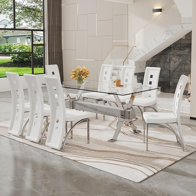 71'' Glass Dining Table Set for 8,9 Piece Dining Table Set with Tempered Glass Tabletop and Open‑Frame X‑Shaped Metal Base,Kitchen Table and Chairs Ideal for Dining Room&Home Office
