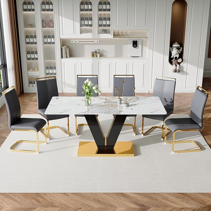 71'' Dining Room Table Set for 6,Marble Dining Table Set,Modern Kitchen Table with 6 PU Leather Chairs,Gold Dining Table Set with V-Shaped Black Glossy Pillars,Ideal for Kitchen Dining Room