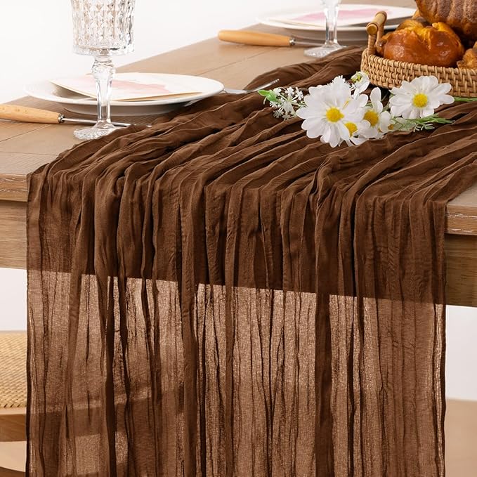MLMC 3 Pack Brown Table Runner 10ft Boho Rustic Gauze Coffee Cheesecloth Table Runner Neutral Fall Decor 35x120 Inches for Fall Wedding Bridal Shower Reception Party Decor