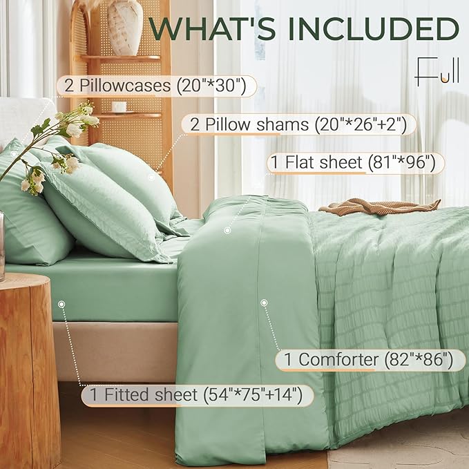 MUXHOMO 7 Pieces Full Comforter Set, Seersucker Bed in a Bag Full Size, All Season Luxury Bedding Set with Comforter, Flat Sheet, Fitted Sheet, Pillowcases & Shams, Sage Green