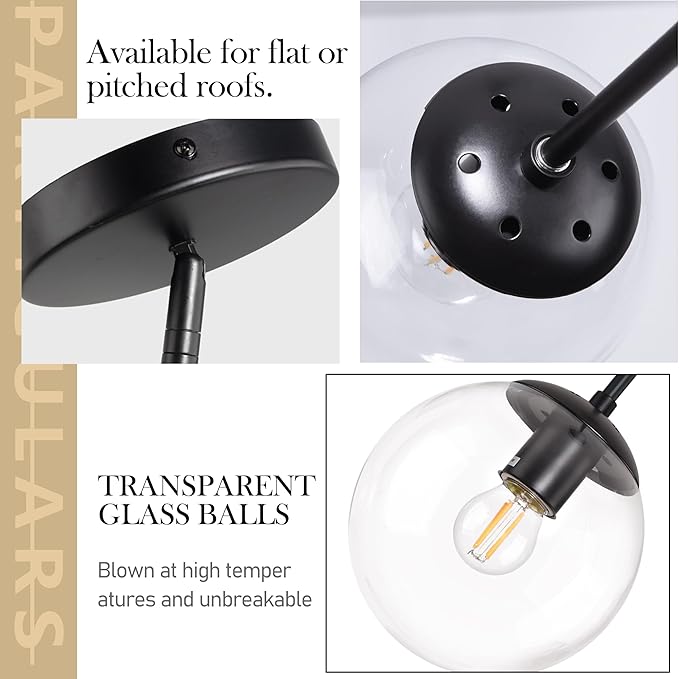 8 Inch Black Mid Century Pendant Light Globe Clear Glass Fixture Lights Kitchen Island Globe Pendant Light Mid Century Adjustable Hanging Farmhouse Lights Fixtures for Kitchen Island