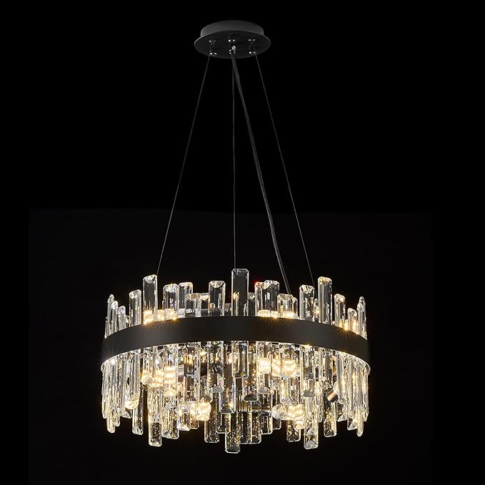 Round Crystal Chandeliers, D19.7 inch 12-Light Black Chandelier Lighting Fixture, Height Adjustable Pendant Ceiling Light for Living Room Dining Room Bedroom