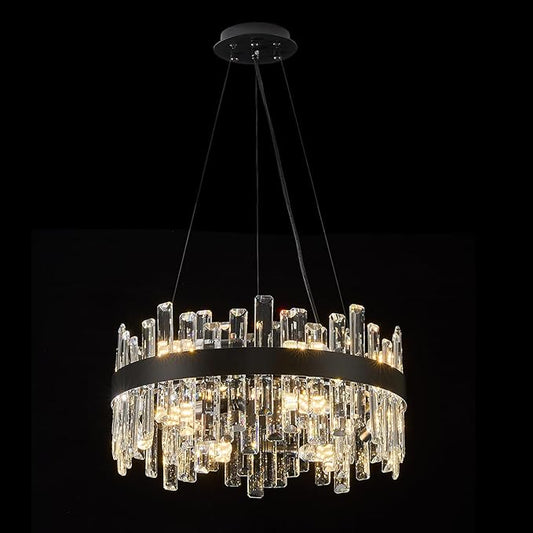 Round Crystal Chandeliers, D19.7 inch 12-Light Black Chandelier Lighting Fixture, Height Adjustable Pendant Ceiling Light for Living Room Dining Room Bedroom