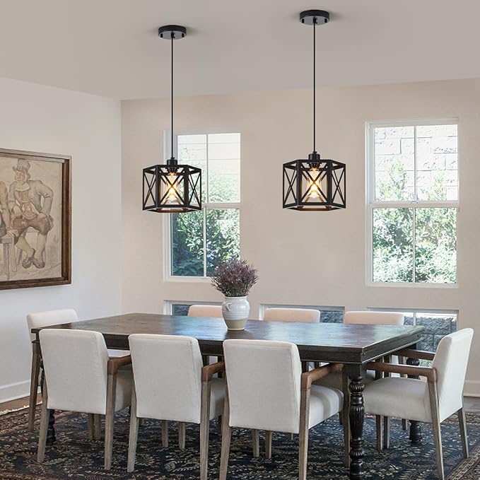 2 Pack Farmhouse Pendant Lights, Modern Black Hanging Light Fixture with Hexagonal Cage, Industrial Metal Ceiling Lights, Adjustable Lantern Pendant Lighting for Kitchen Island Sink Hallway