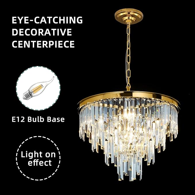 Gold Top K9 Crystal Chandelier Modern Lighting Fixture, 9 Lights Round K9 Crystal Adjustable Hanging Lamp for Dining Room Bedroom Living Room,Hallway,Bar,Kitchen W24''