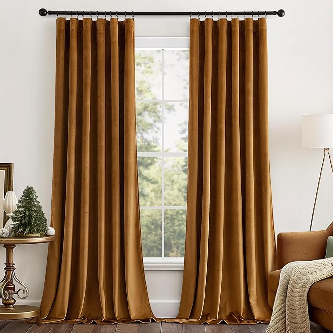 MIULEE Gold Brown Velvet Curtains 84 inches Long 2 Panels - Luxury Pinch Pleated Room Darkening Blackout Window Drapes for Bedroom Living Room Thermal Insulated Super Soft, Back Tab Rod Pocket