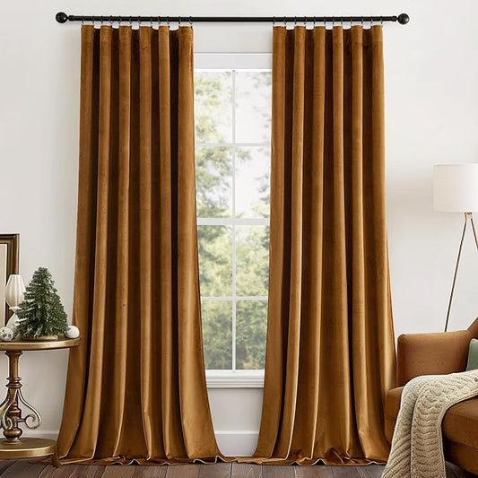 MIULEE Gold Brown Velvet Curtains 96 inches Long 2 Panels - Luxury Pinch Pleated Room Darkening Window Drapes for Bedroom Living Room Thermal Insulated Super Soft Blackout, Back Tab Rod Pocket