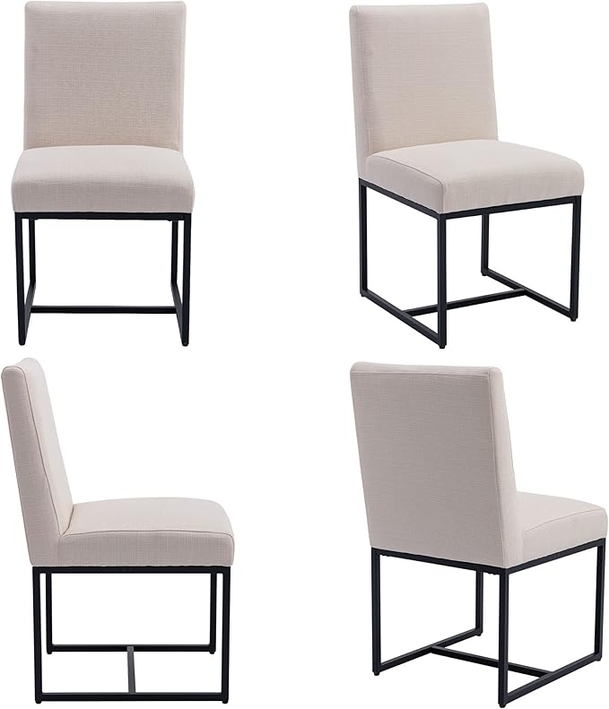 VESCASA Linen Upholstered Dining Chairs Set of 4, Mid Century Modern Padded Chair with Black Metal Frame for Restaurant, Dining Room, Kitchen, Cream