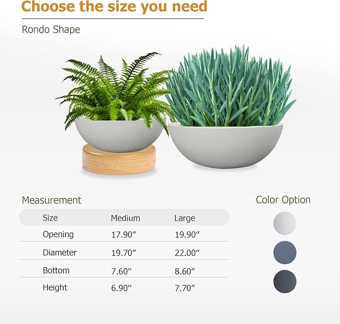 6.9"H x 19.7"D Round Bowl Fiberstone Planter for Succulent and Lotus, Drainage Hole, Weather Resistant for Indoor and Outdoor Use, Included 2 Extra Coco Mats (Light Gray, 17.9" Pot Opening)