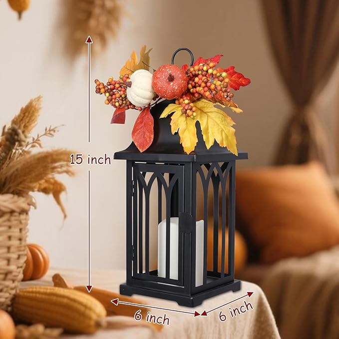 Bdor 2 Pack Fall Lantern Decor with LED Candle – 15 Inch Harvest Pumpkin Maple Leaf Hanging Lantern for Autumn Thanksgiving Table Centerpiece Indoor Outdoor Decoration, Battery Operated