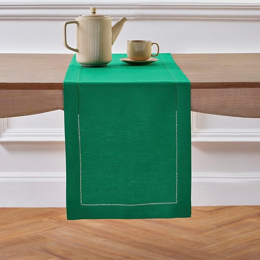 Solino Home Linen Emerald Green Hemstitch Table Runner 48 Inches - 100% Pure Linen Small Table Runner 14 x 48 Inch Ideal for Dresser and Coffee Tables - Classic Hemstitch - Christmas