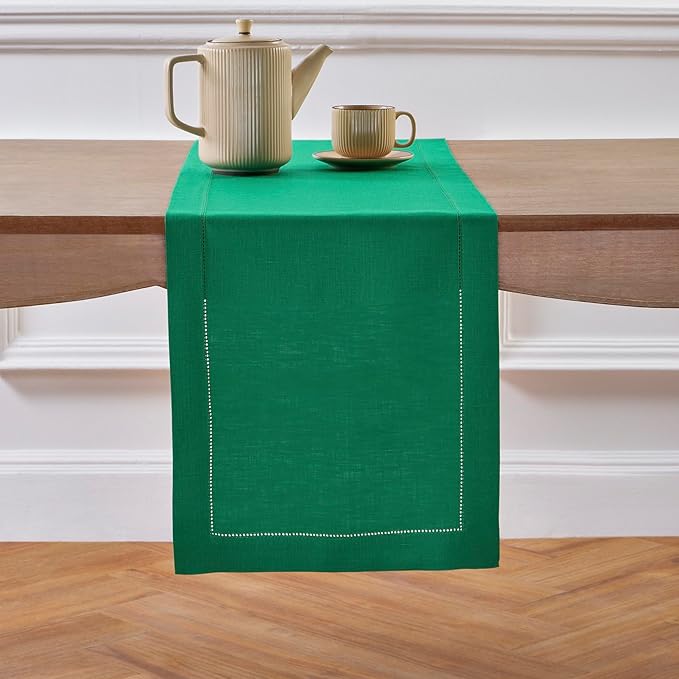 Solino Home Linen Emerald Green Hemstitch Table Runner 60 Inches - 100% Pure Linen Small Table Runner 14 x 60 Inch Ideal for Dresser and Coffee Tables - Classic Hemstitch - Christmas