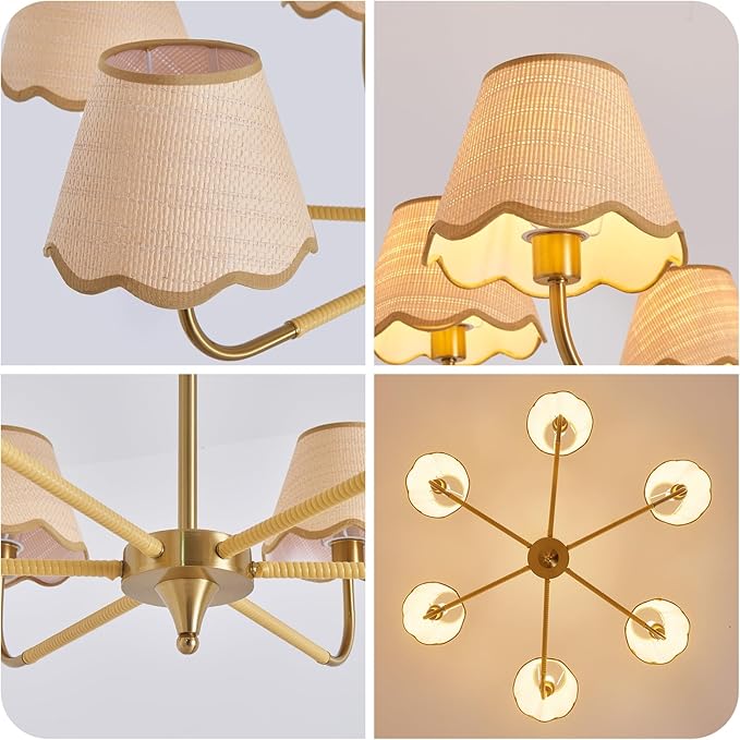 6-Light Boho Rattan Chandelier for Dining Room,Farmhouse Chandeliers Light Fixture,Adjustable Height Hanging Pendant Lighting Fixtures for Kitchen Island,Hand-Woven Ceiling Lights