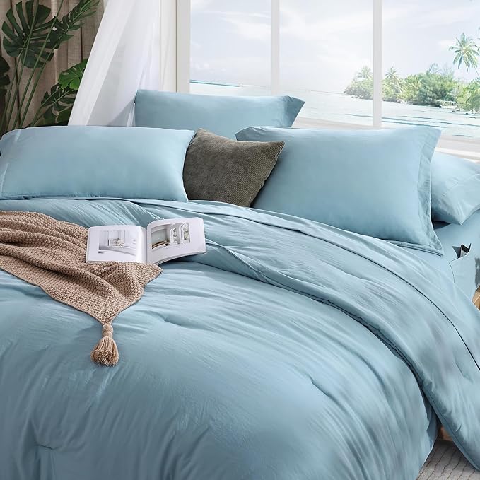WRENSONGE King Size Comforter Set- 7 Pieces Soft Blue Bed in a Bag with Fitted Sheet, Flat Sheet, 2 Pillow Shams, and 2 Pillowcases- Warm King Bedding Set for All Season