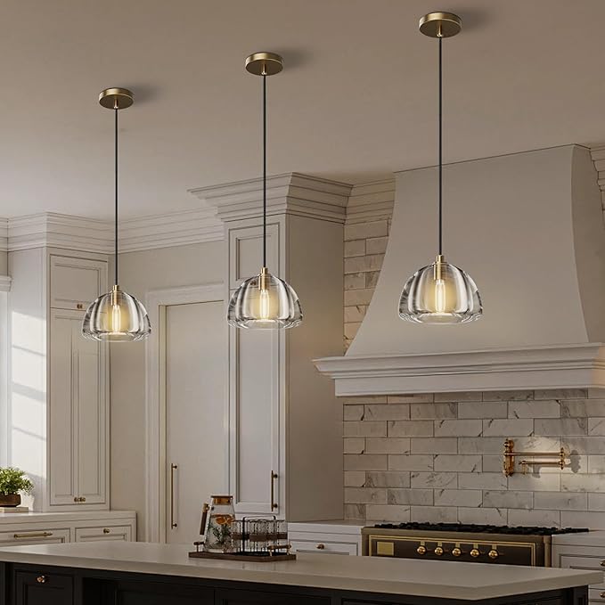 Brass Crystal Hemisphere Pendant Light, Kitchen Pendant Lighting Over Island, Farmhouse Pendant Light for Indoor Kitchen Island Dining Room Living Room Bedroom Bathroom, E12 Bulb Included