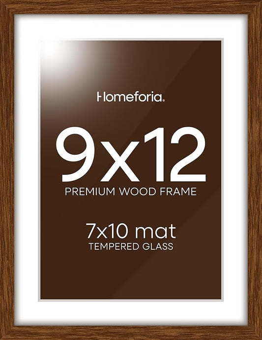 Homeforia 9x12 Picture Frame Brown, High End Dark Oak 9 x 12 Walnut Wooden Frames with Mat 7 by 10 Photo, 12x9 Wood Frame Matted to 7x10 Art, Wall or Tabletop Frame, Tempered Glass, Wall Kit, Set of 1