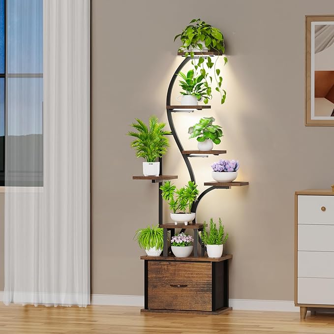 Plant Stand Indoor with Grow Lights - 8 Tiered Lighted Plant Shelf Indoor with Drawer, 65" Large Plant Stand for Indoor Plants Multiple, Metal Tall Plant Flower Holder for Home, Living Room, Patio