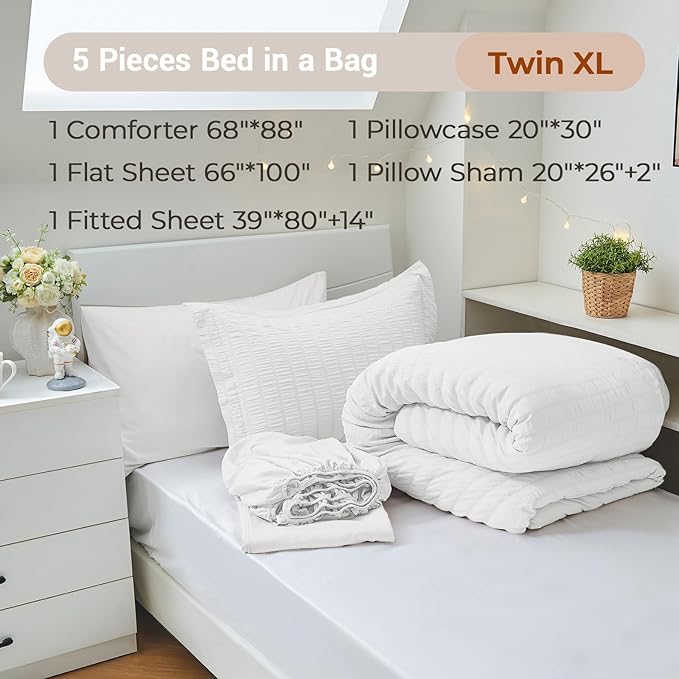 MUXHOMO 5 Pieces Twin XL Comforter Set, Seersucker Bed in a Bag Twin XL Size, All Season Luxury Bedding Set with Comforter, Flat Sheet, Fitted Sheet, Pillowcase & Sham, White