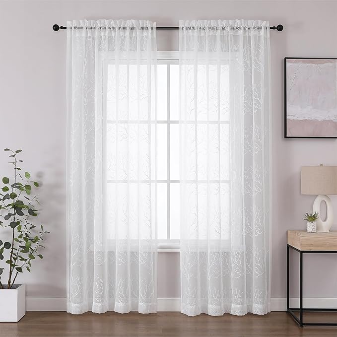 VISIONTEX Sheer Curtains 72 inch Length 2 Panels Set, Decorative White Coral Embroidery, Rod Pocket Embroidered Window Drapes for Living Room and Bedroom, 54" x 72"