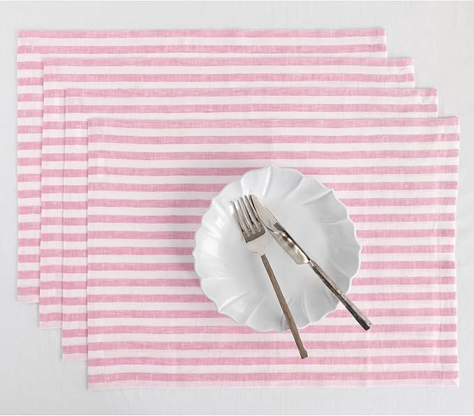 Solino Home Linen Placemats Set of 4 - Amalfi Stripe Cherry Blossom and White Placemats 14 x 19 Inch - 100% Pure Linen Place Mats