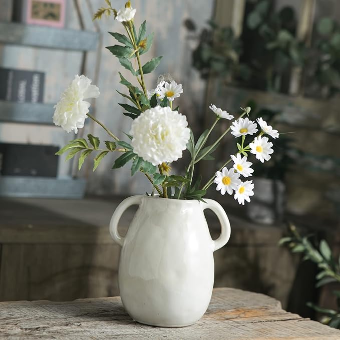 White Ceramic Vase with 2 Handles, Modern Farmhouse Decor, Rustic Terracotta Pottery, Decorative Flower Vases, Clay Small Vase, Centerpiece for Dining Table - 7 Inch Tall