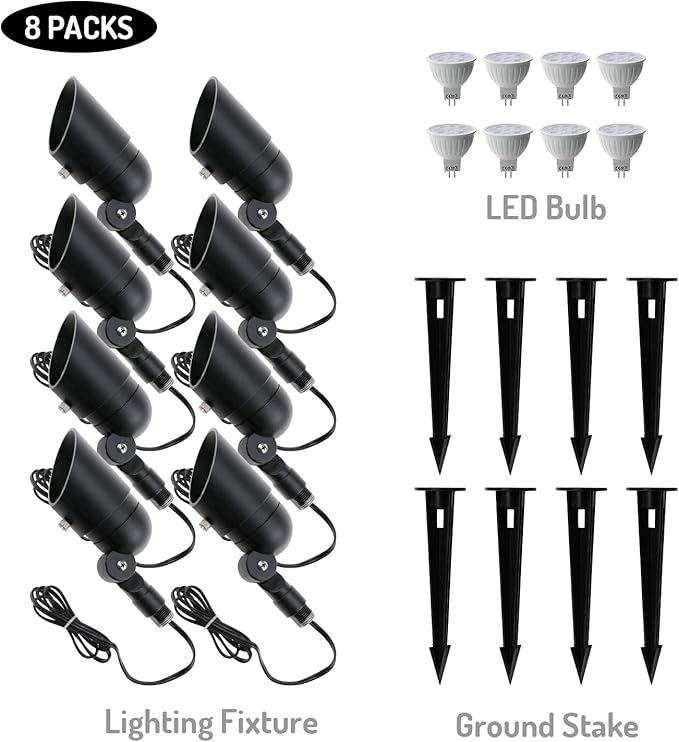 4W LED Landscape Lights Low Voltage Landscape Lighting Spotlights GL103-BKLED8 AC/DC 12V Warm White Waterproof for Driveway,Yard, Lawn,Patio,Walls,Trees,Flags,Outdoor Light (Black, 8 Pack)