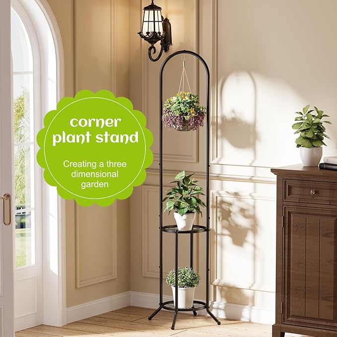 Plant Stand with Hooks Indoor Outdoor Corner Tall Plant Stand Heavy-Duty Metal 3-Tier Plant Shelf Holder Rack for Patio Garden Balcony Living Room Bedroom(circular Black)
