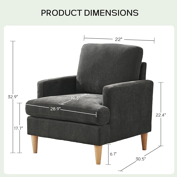 VKNOW Mid-Century Accent Chairs Set of 2, Modern Upholstered Chenille Armchair for Living Room,Comfy Reading Accent Chairs with Wood Legs for Bedroom, Dark Grey